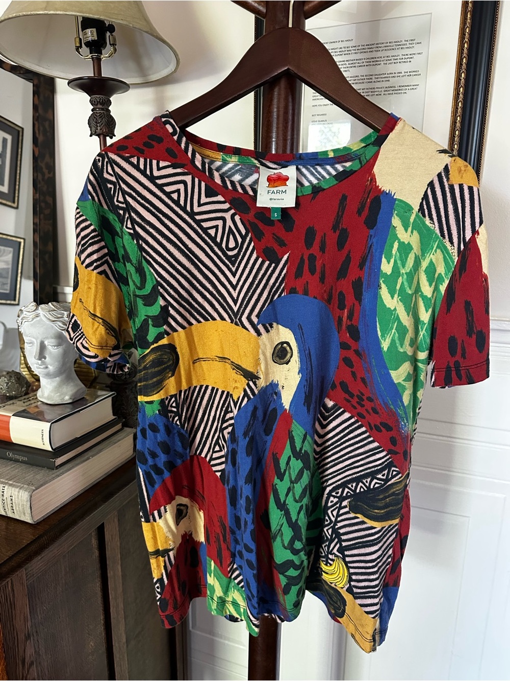 FARM Rio Tropical Parrot Patchwork Short Sleeve Tee - Red, Blue, Green, Yellow